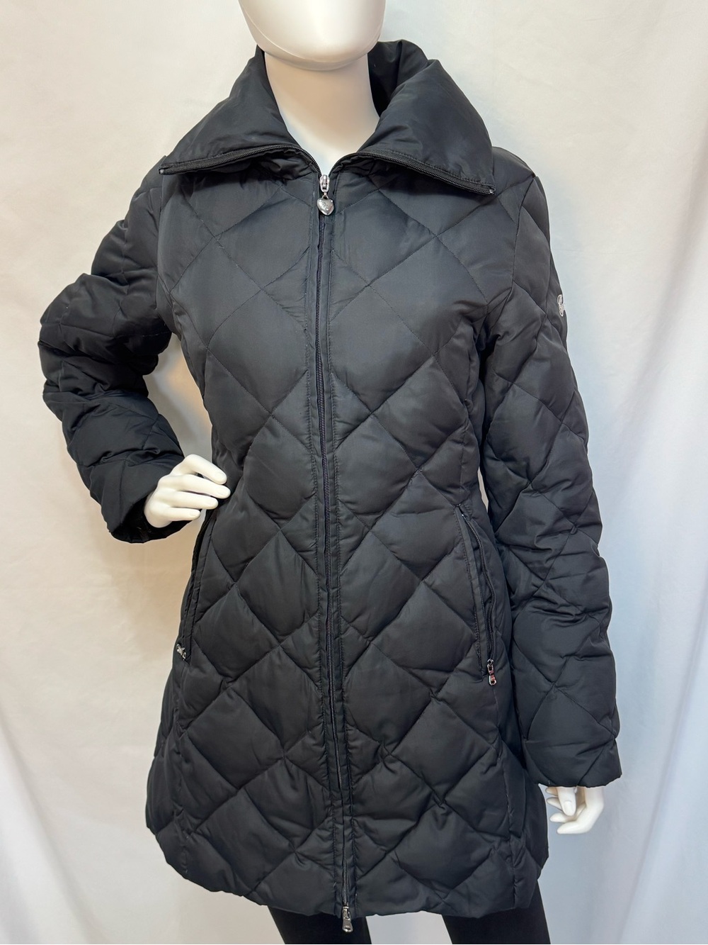 Guess Black Diamond Down Feather Quilted Mid Length Puffer Coat